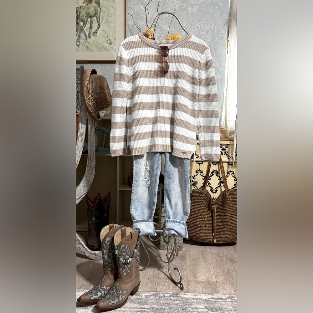 Calvin Klein Beige and White Striped crewneck Sweater